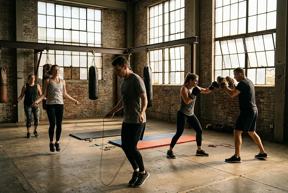 A Saturday morning group skipping and working focus mitts.