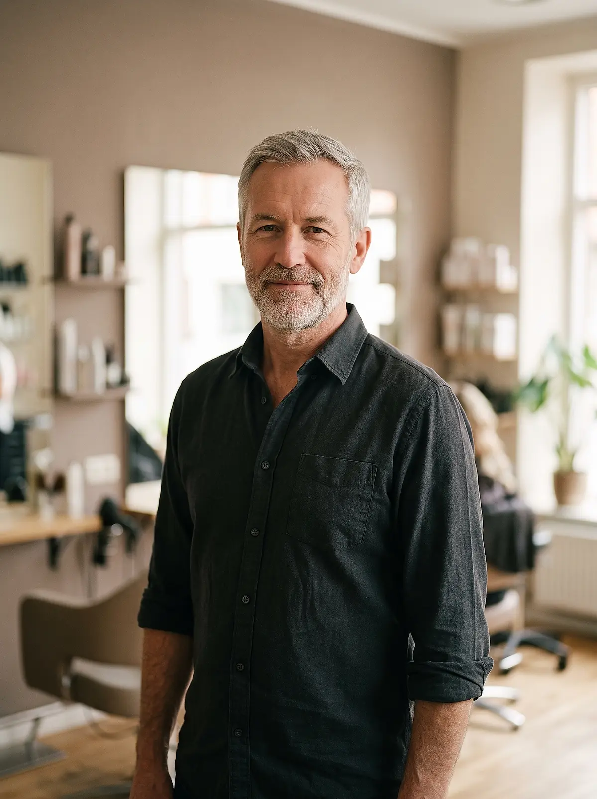 Greg Halvorsen, who owns the salon, standing on the salon floor in a dark shirt.