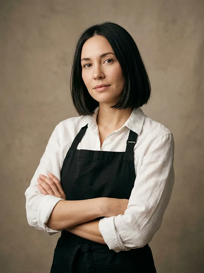 A stylist with a dark chin-length bob, arms crossed, in a black apron.