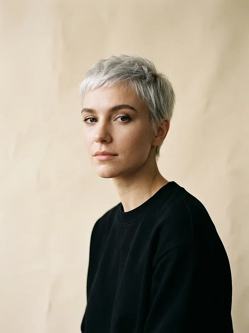 A stylist with a short platinum-blonde crop in a black top.