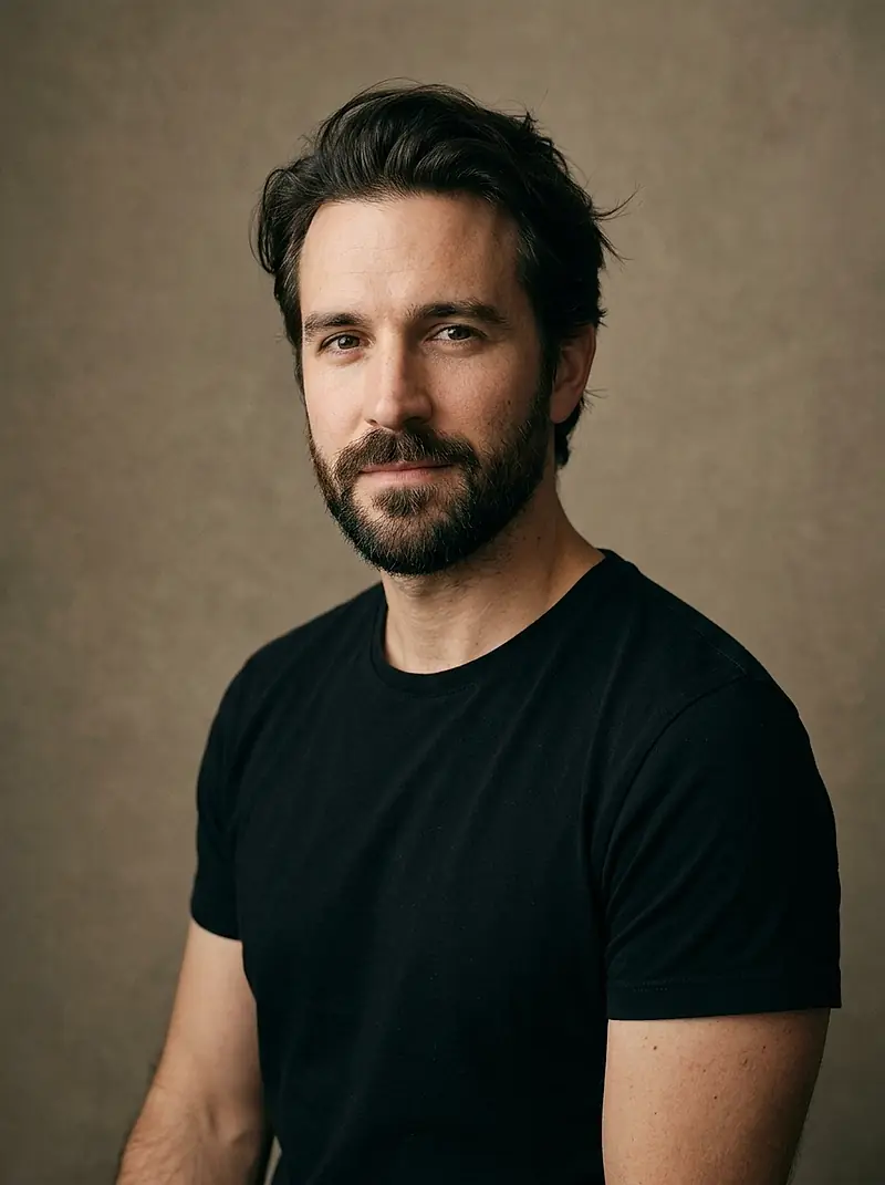 A stylist with a dark beard and swept-back hair, in a plain black t-shirt.