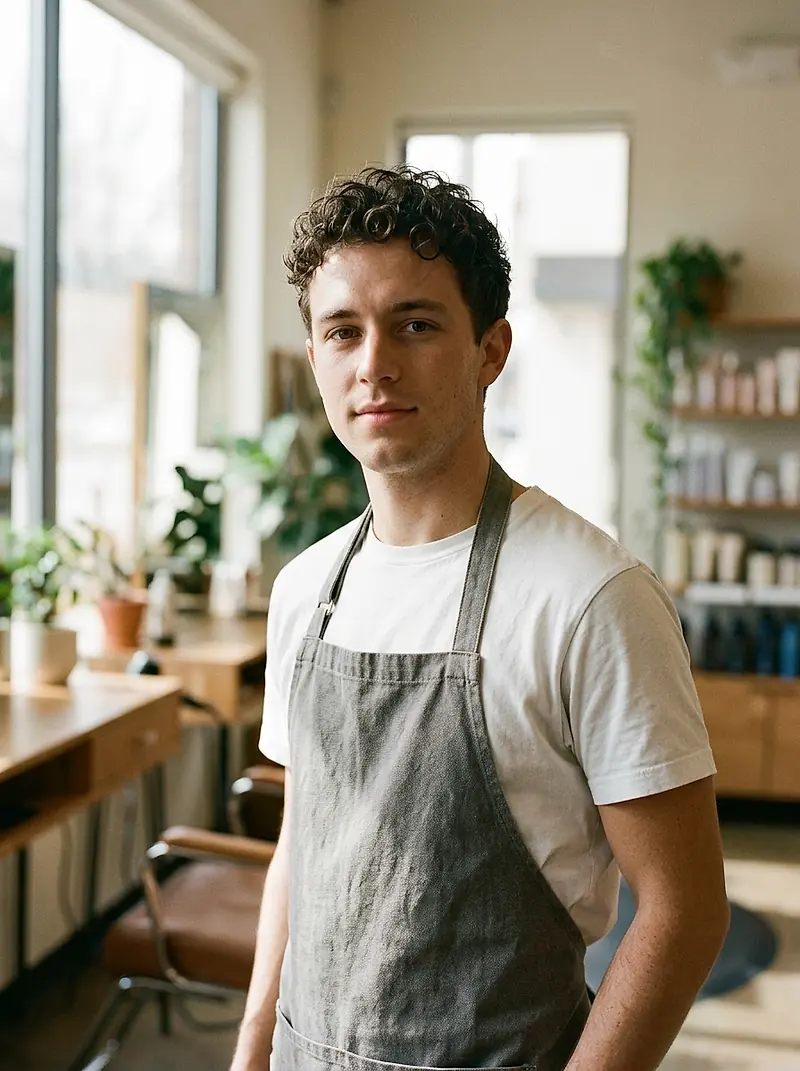 A stylist in a grey apron standing at the end of the salon floor.