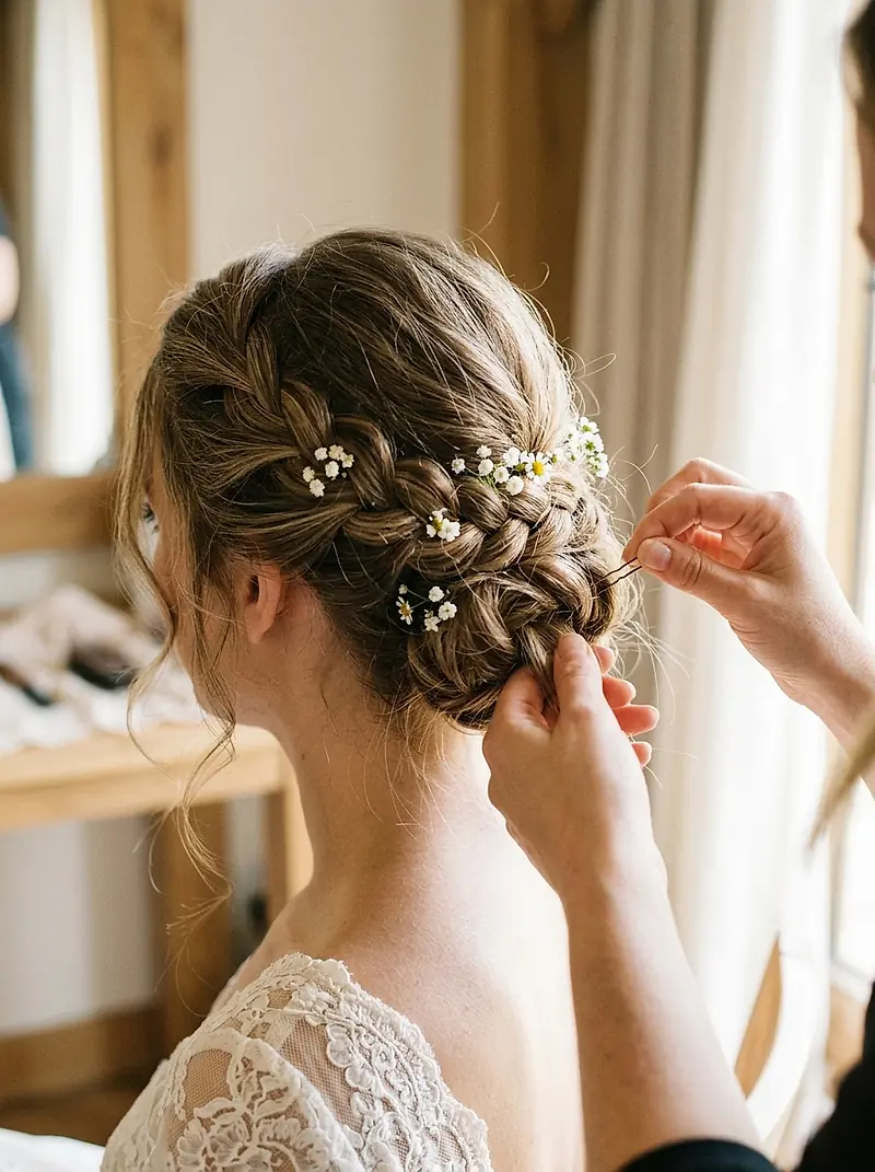 A stylist's hands pinning small white flowers into a braided bridal updo.