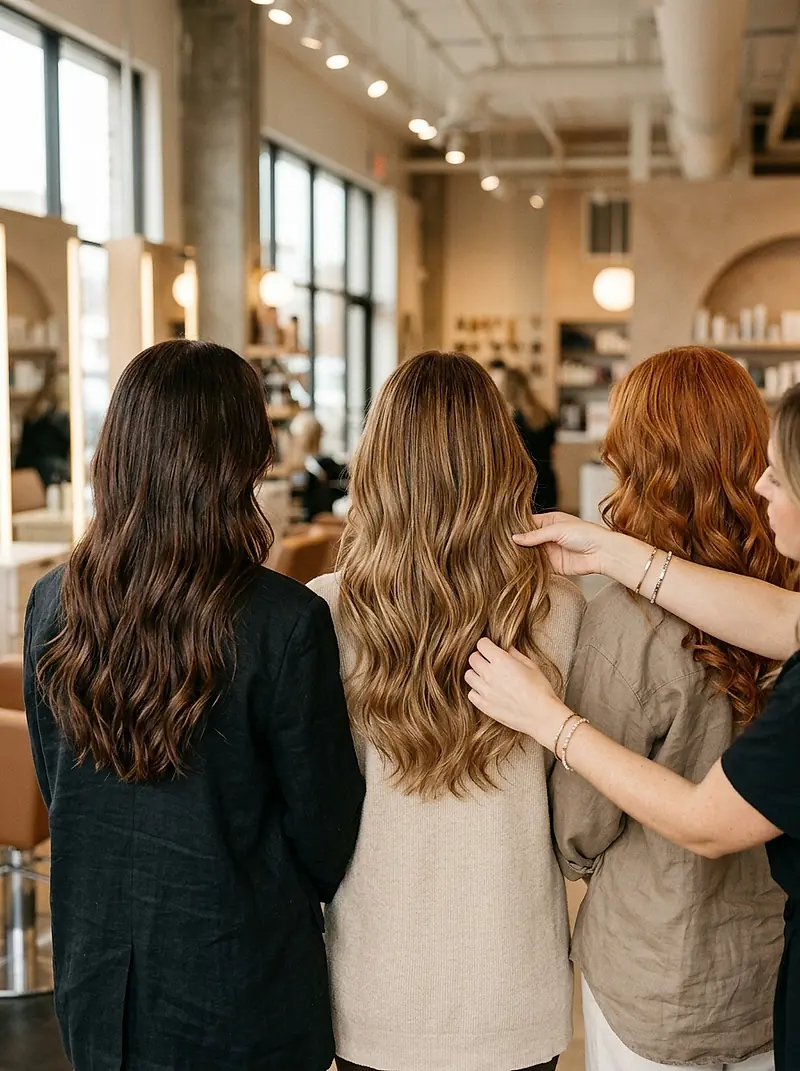 Three women with long hair standing in a row while a stylist checks the back.