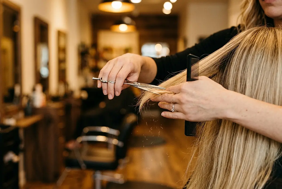 A stylist cutting a length of blonde hair with shears and a comb.