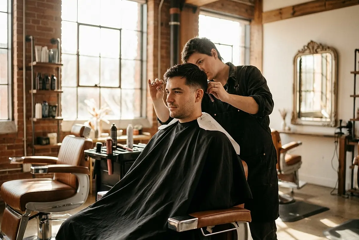 A stylist finishing a man's haircut in the chair.