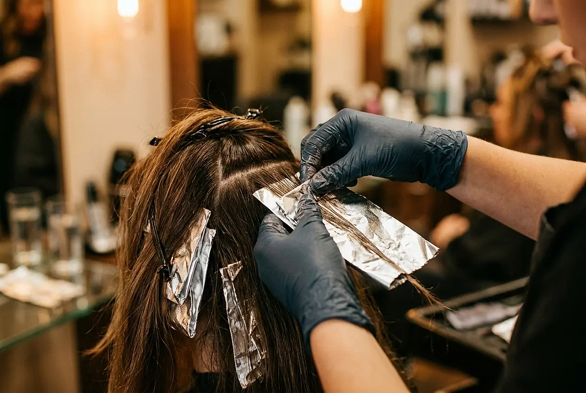 A colourist pressing foils into a section of hair.