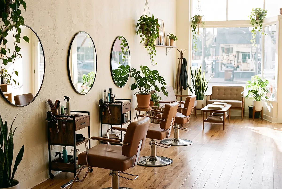 The salon floor: a row of styling chairs facing round mirrors, a wooden floor and plants.