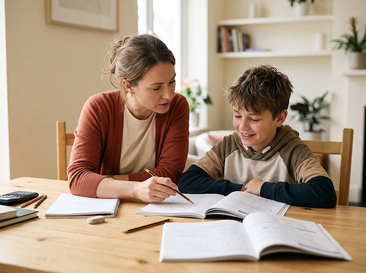 A tutor sitting beside a student, helping with a math workbook at a table.