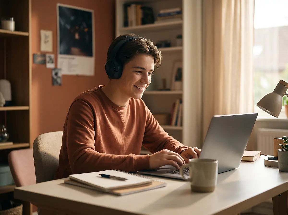 A student wearing headphones working at a laptop during an online lesson.