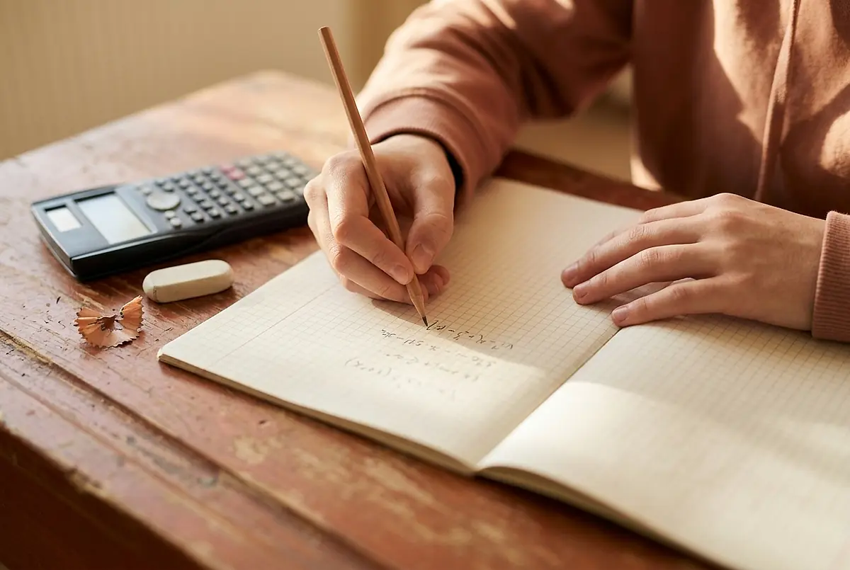 A student working through algebra problems in a notebook beside a calculator.