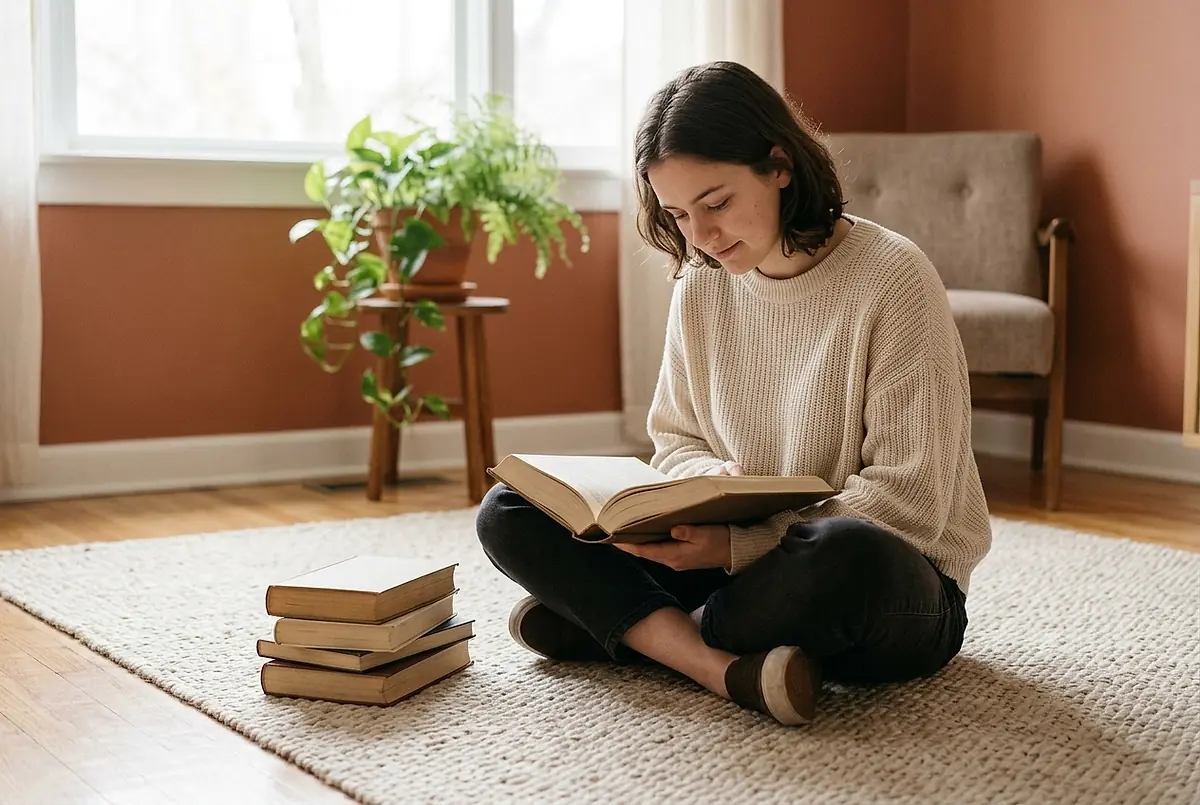 A reader sitting on the floor with a book open on their lap.