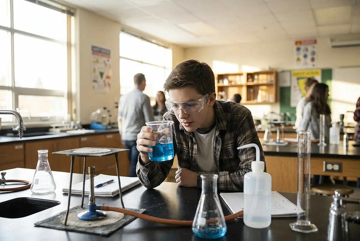 A student in safety glasses watching a chemistry experiment on a lab bench.