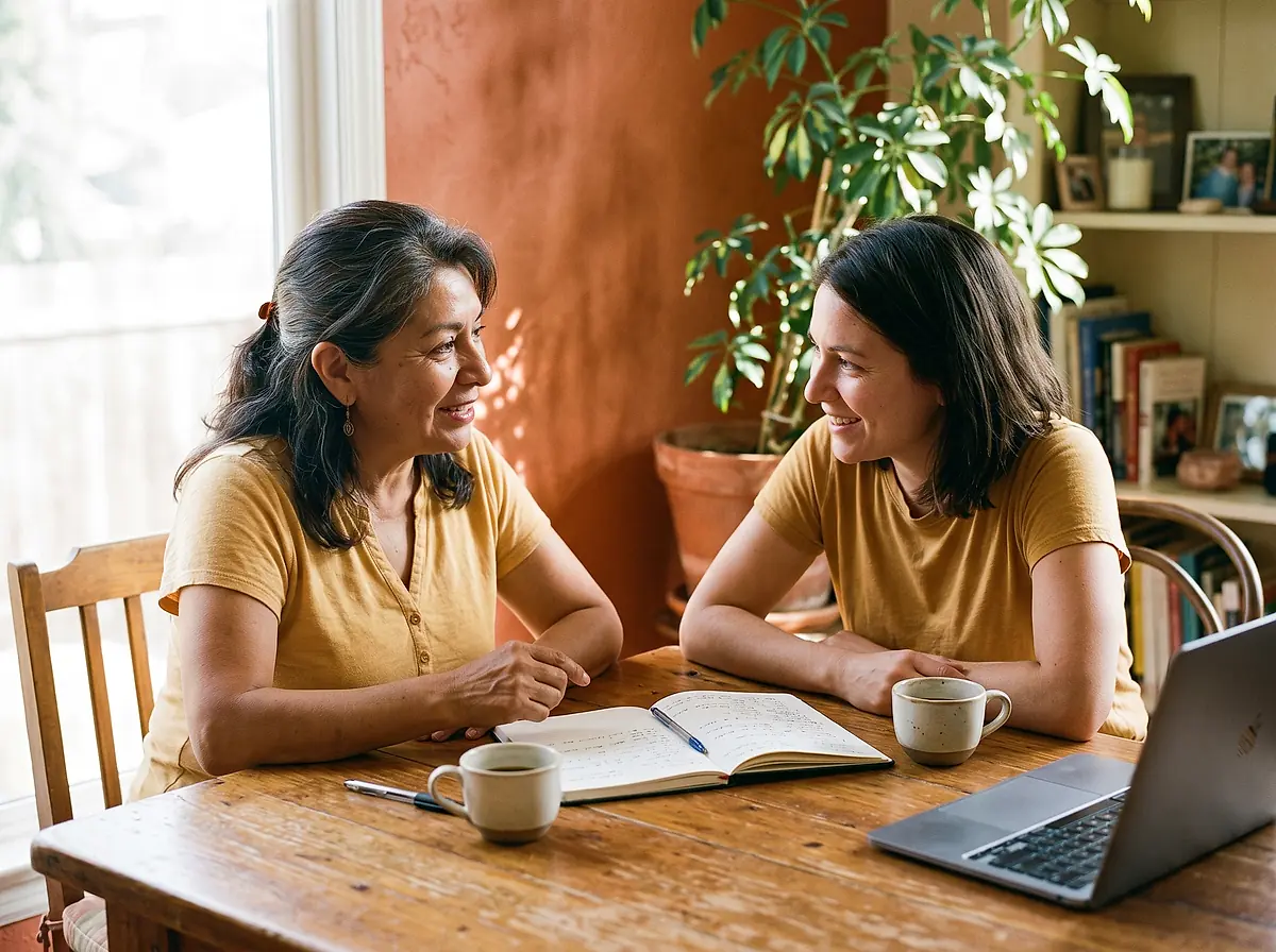 A tutor and a student talking over an open notebook at a table