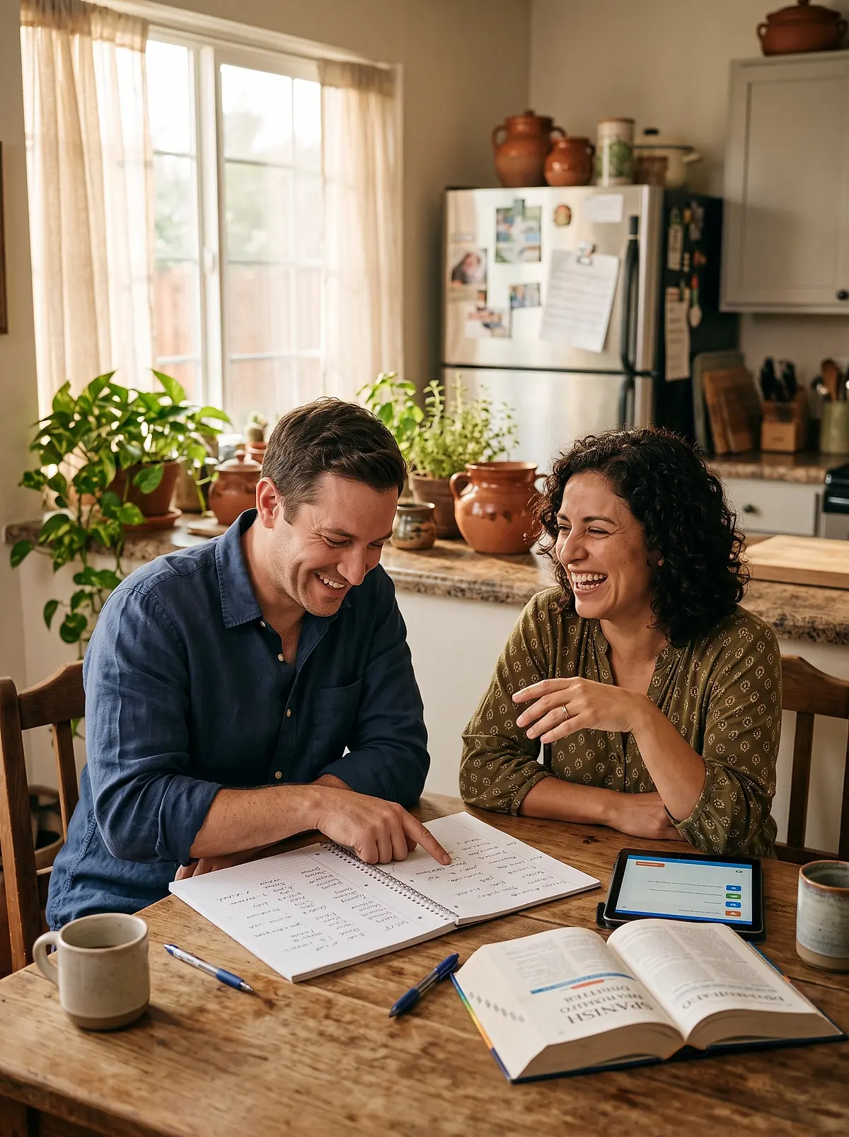 Two adults laughing during a Spanish lesson at a kitchen table