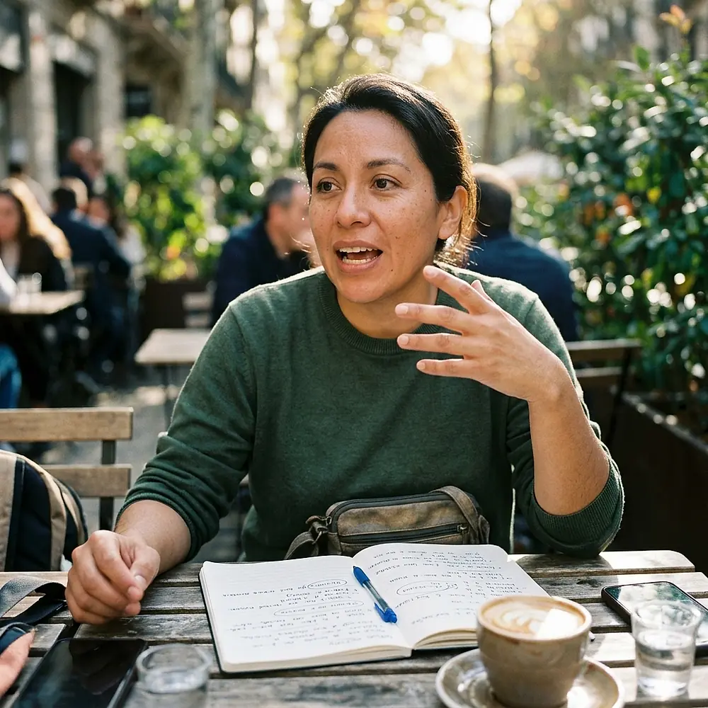 A student speaking Spanish at a cafe table