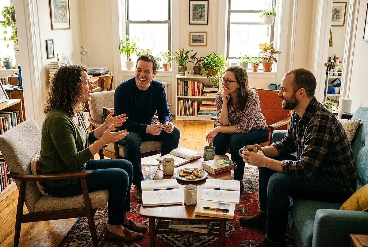Four adults talking in a group around a low table