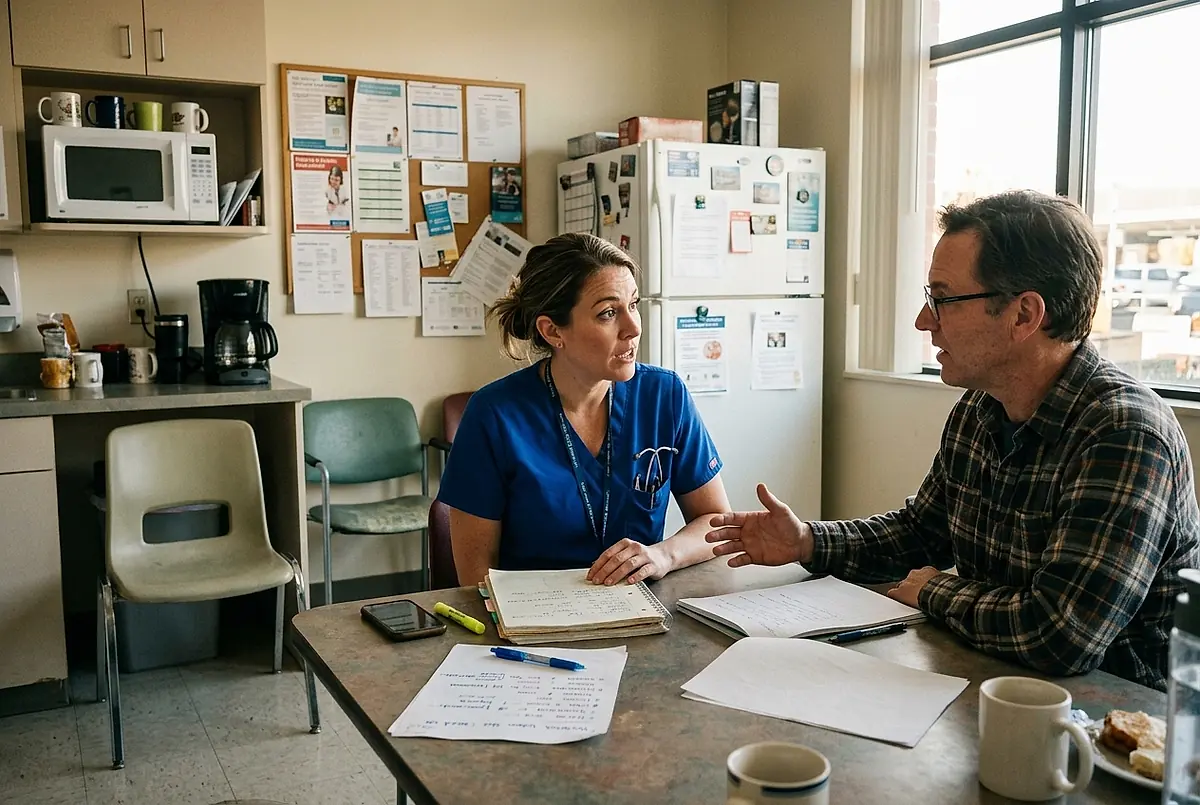 A nurse in blue scrubs practising Spanish at a table with a tutor