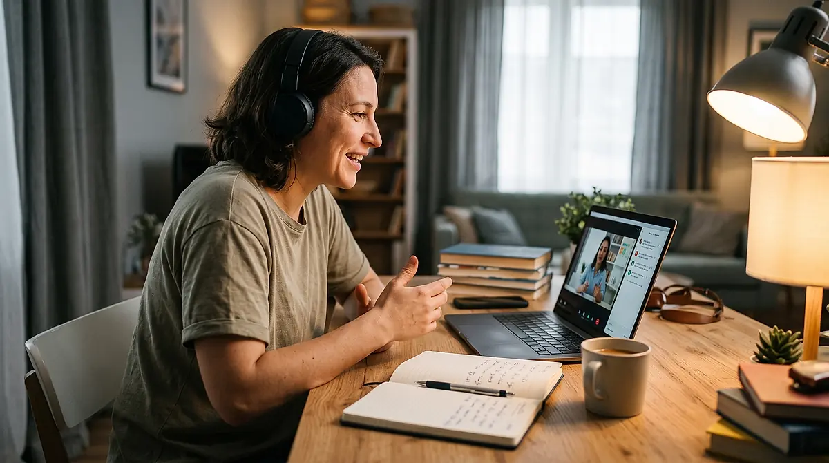 An adult learner talking to a tutor on a laptop during a video lesson