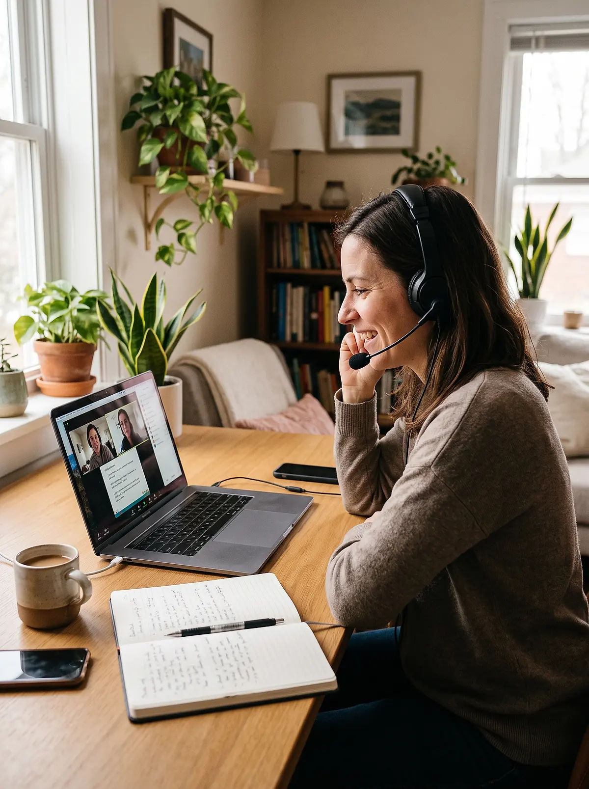 A student taking an online Spanish lesson at her desk