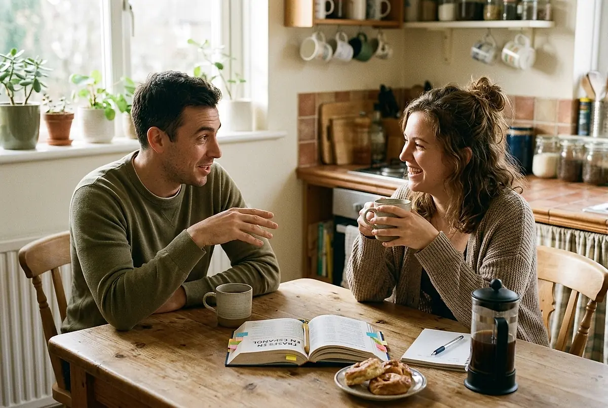 Two people chatting in Spanish over coffee at a table