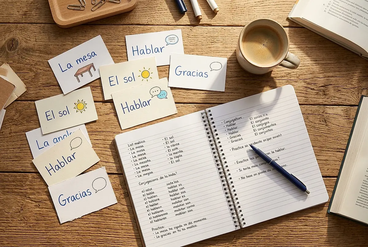 Handwritten Spanish vocabulary cards on a desk
