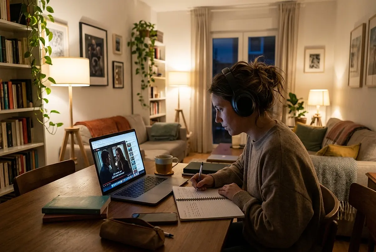 Someone watching a Spanish-language programme on a laptop and taking notes
