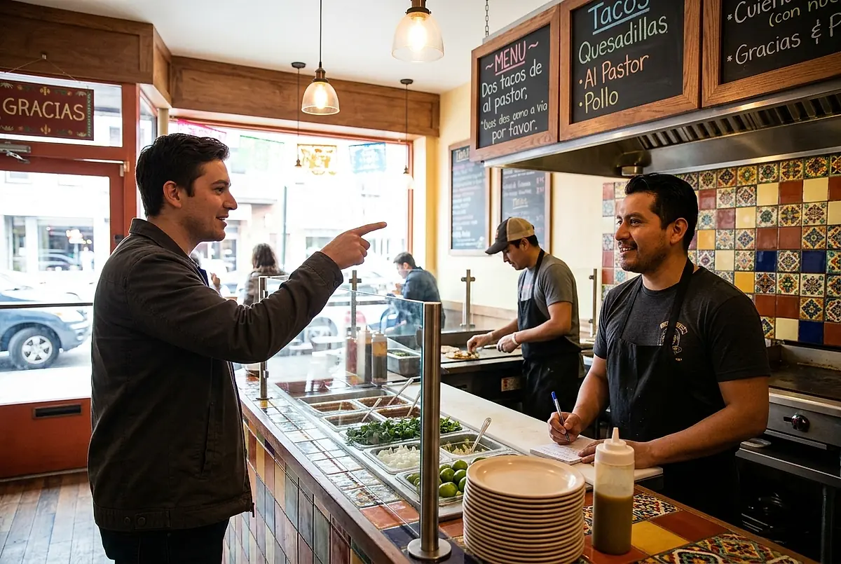 A customer ordering food in Spanish at a taco counter