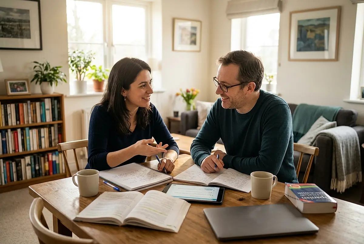 A tutor and a student working through a lesson together at a table