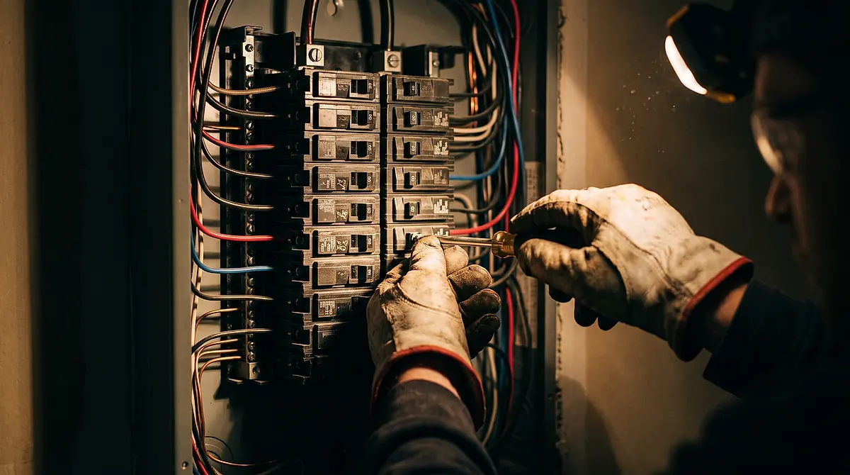 An electrician in work gloves tightening a breaker inside an open residential panel.