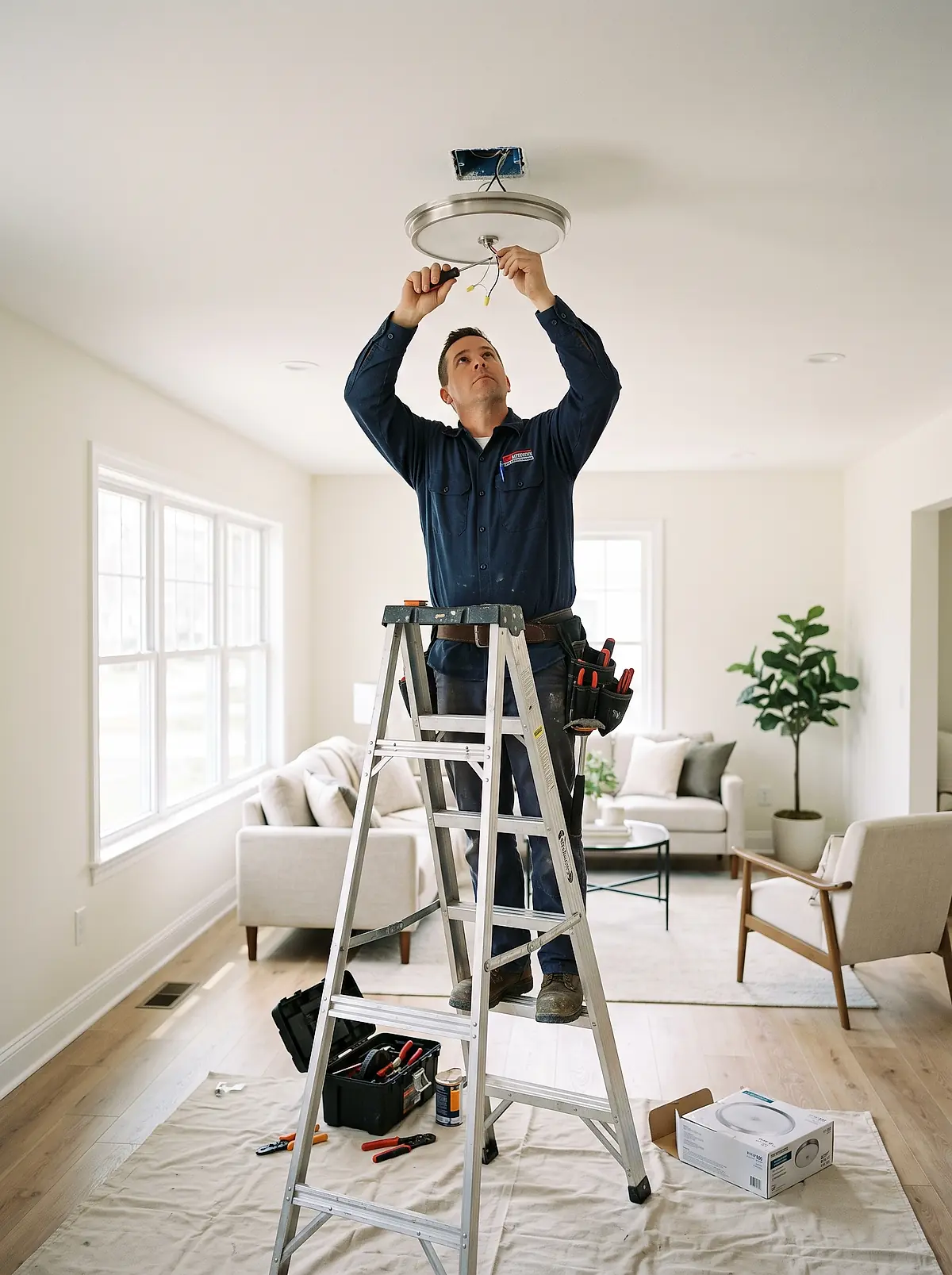 An electrician fitting a ceiling light from a stepladder in a customer's front room.
