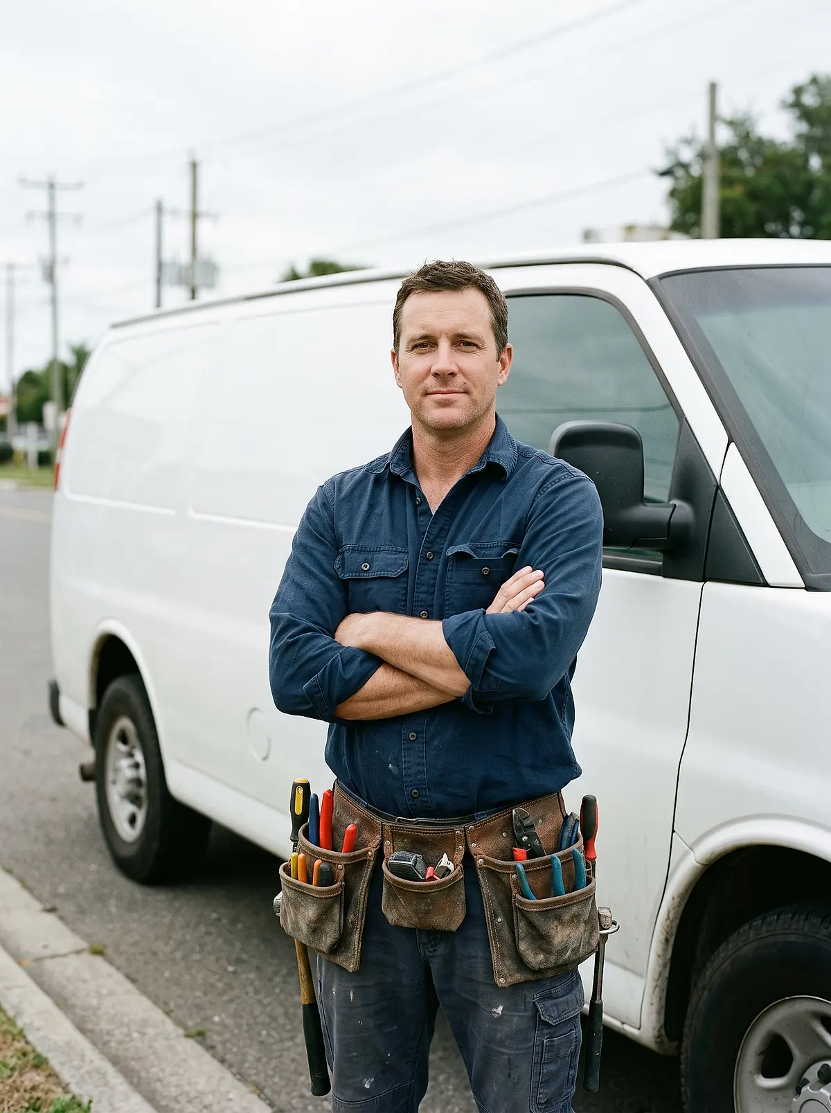 An electrician with his tool belt standing in front of the service van.