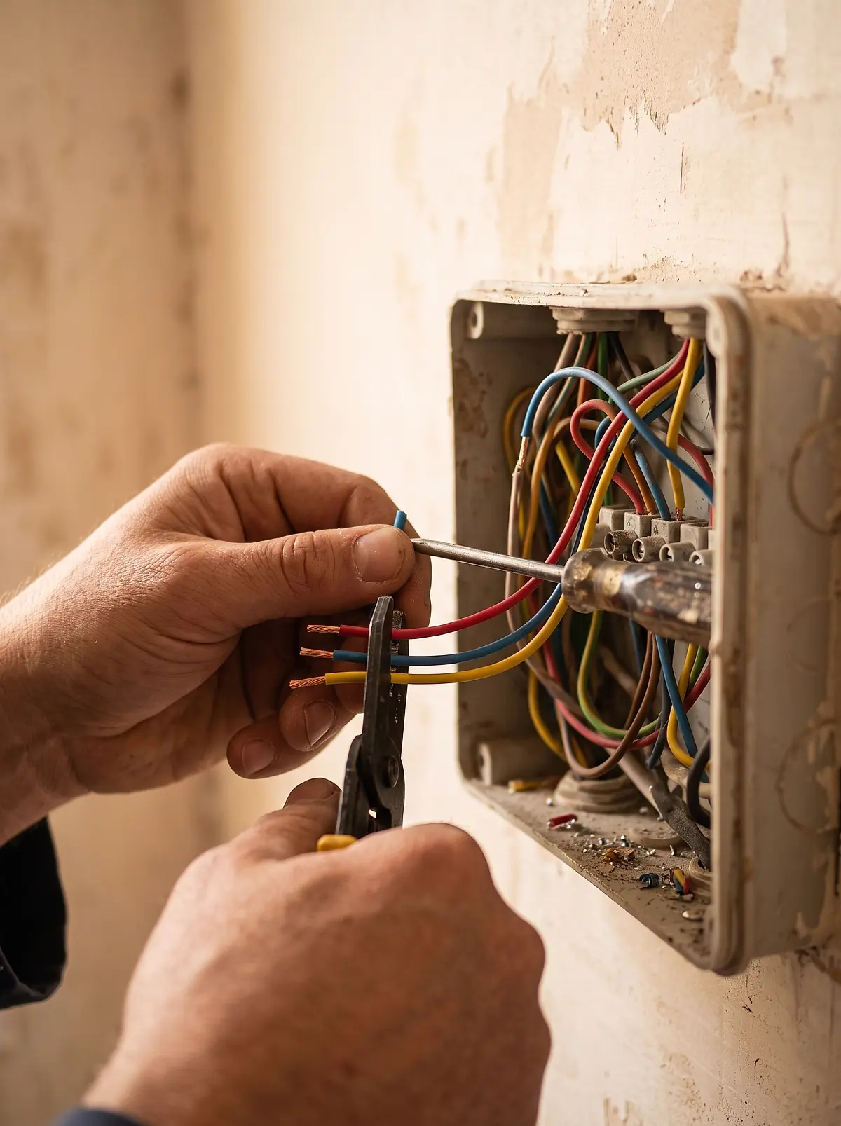 Hands stripping and terminating wires in a wall-mounted junction box.