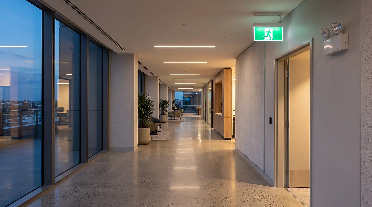 A lit exit sign above a doorway in a commercial corridor.