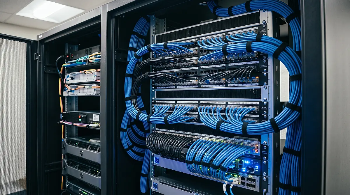 Structured cabling terminated neatly into a patch panel.