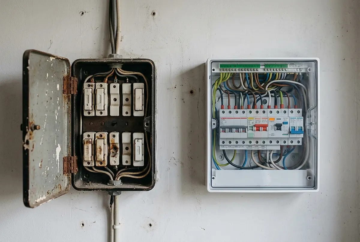 An old fuse box standing open beside a modern breaker panel.