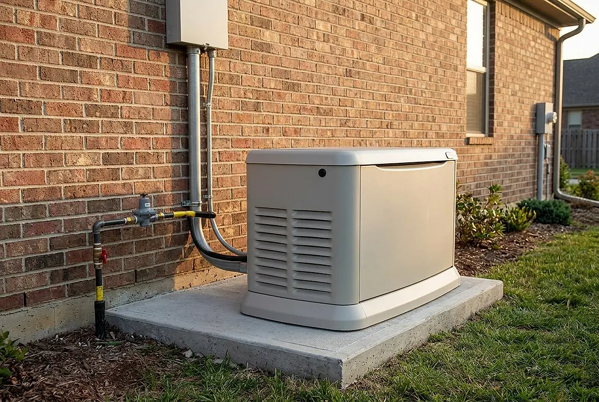 A standby generator on a concrete pad beside a brick house.