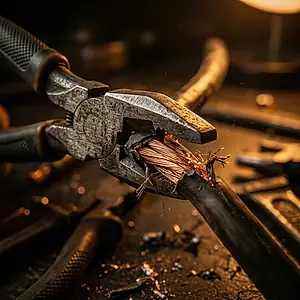 Pliers stripping the insulation from a copper cable