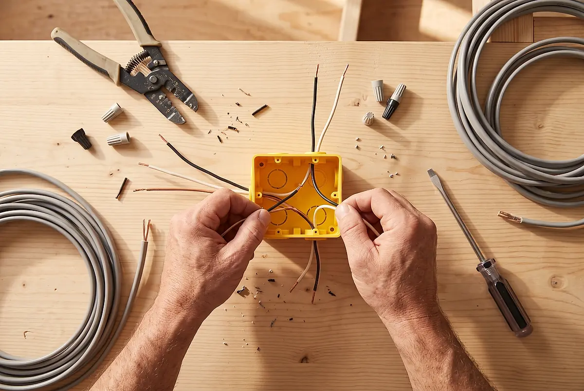 Hands wiring a junction box with tools on a workbench