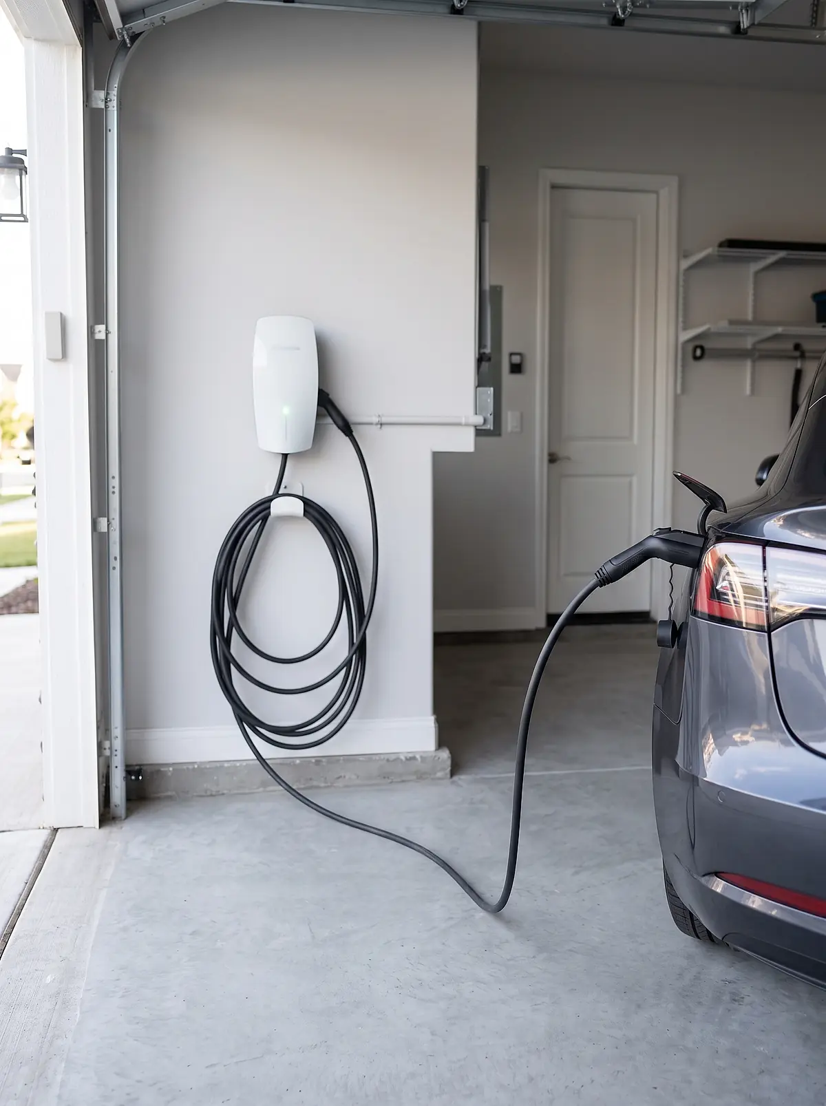 Level 2 charger on a garage wall charging an electric car
