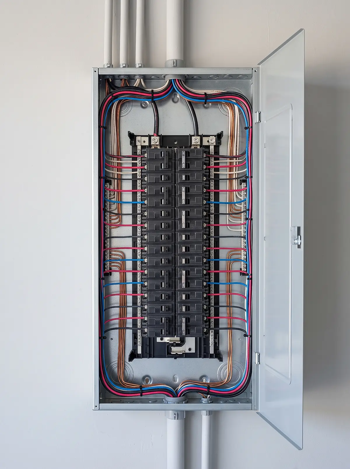 New residential electrical panel with breakers in tidy rows