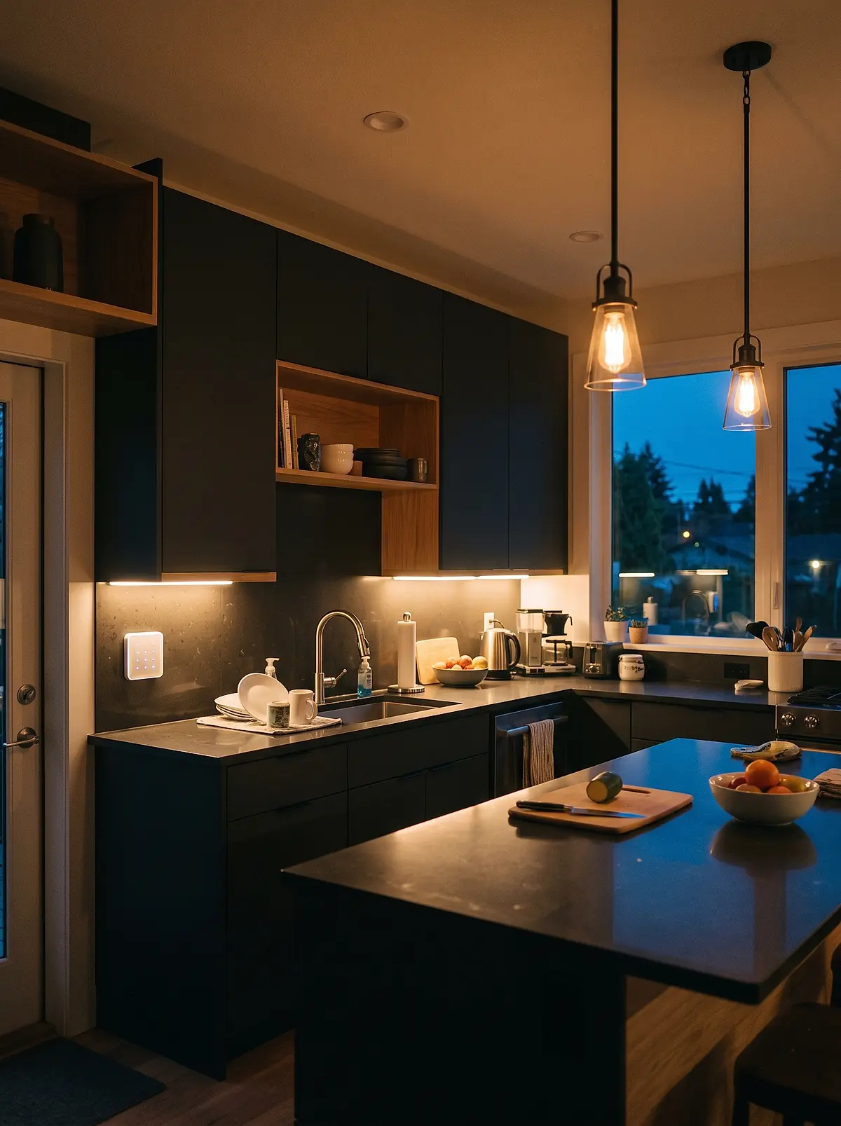 Kitchen lit by warm dimmed under-cabinet and pendant lights