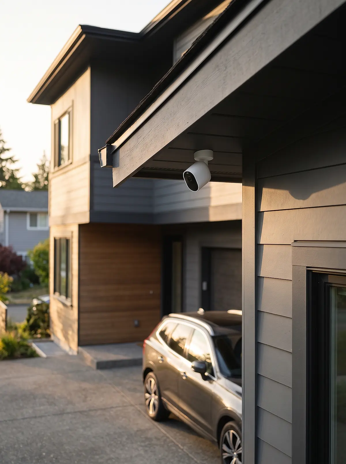 Security camera mounted under the eave of a house