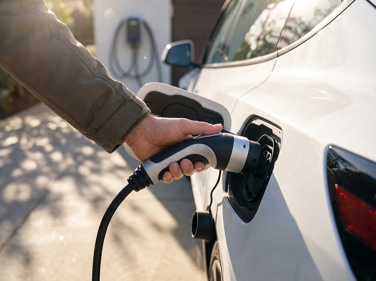 Charging cable plugged into the port of an electric car