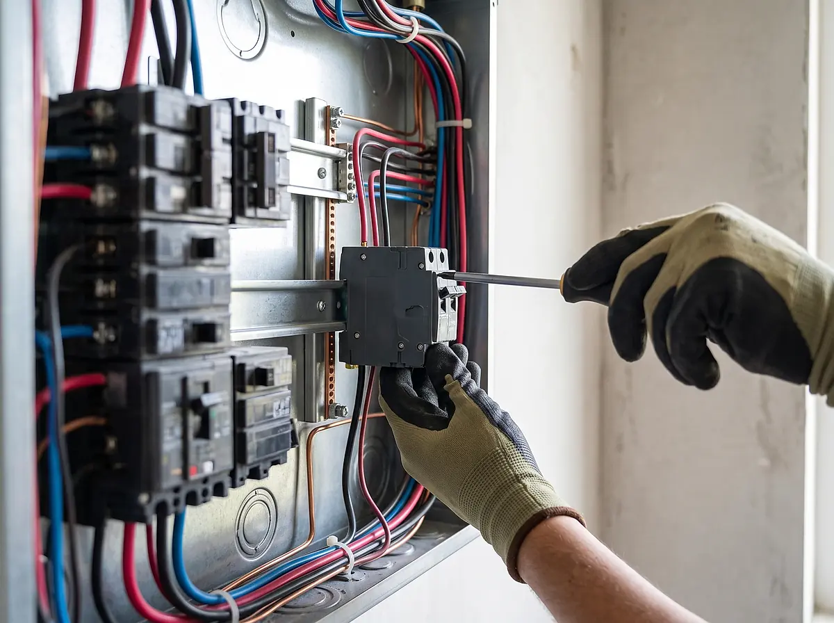 Electrician fitting a new breaker into a residential panel