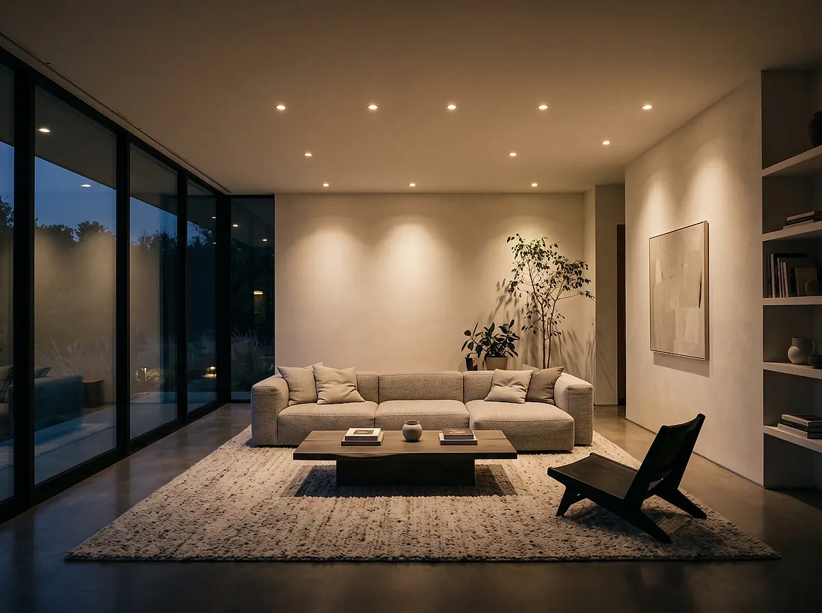 Living room lit by warm recessed ceiling lights