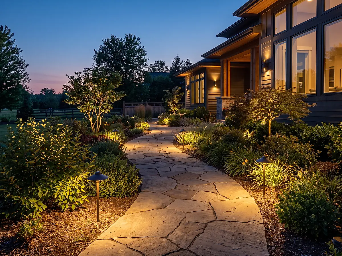 Warm landscape lighting along a stone path at dusk