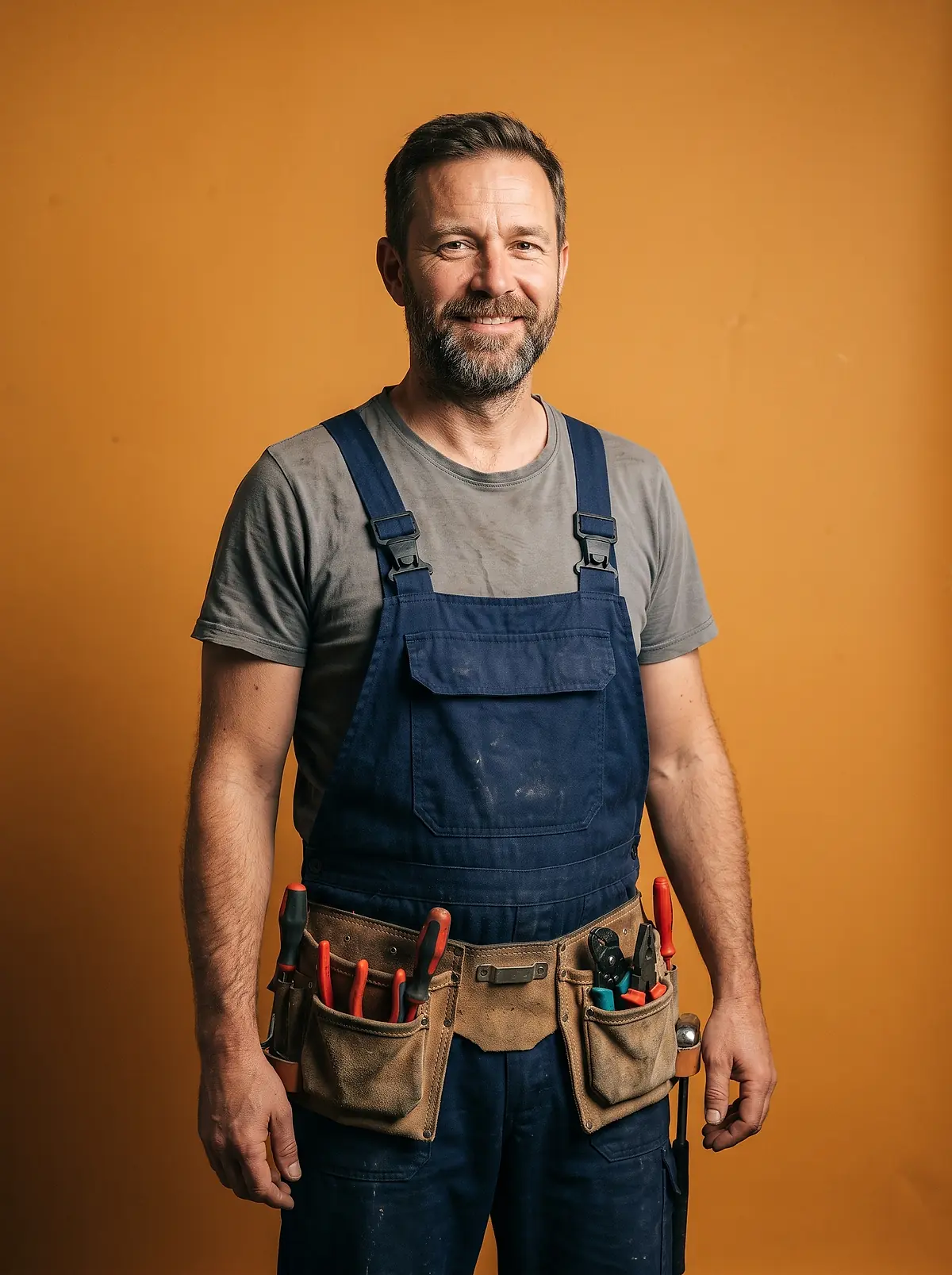 An electrician in navy work overalls and a leather tool belt, standing with a warm smile.