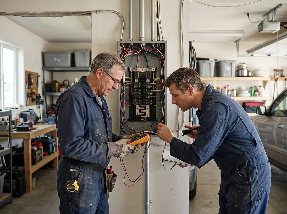 Two electricians working together at an open circuit breaker panel in a garage.
