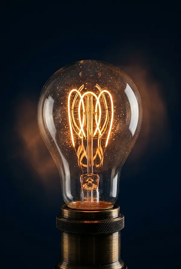 A single filament light bulb glowing against a dark background.